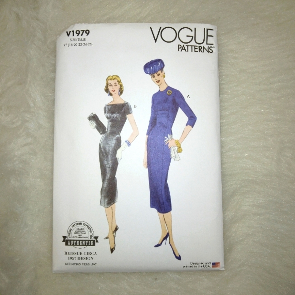 VOGUE V1979 Sz 18-26 EASY 1950s Dress With Neckline And Sleeve Variations